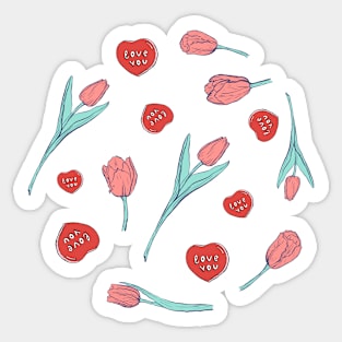 Hearts and tulips on blue Sticker